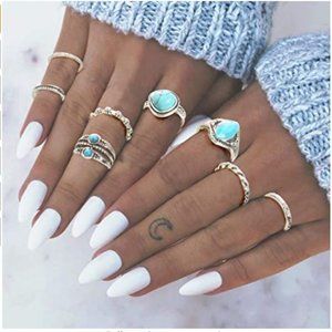 8pcs Silver tone & turquoise ring set